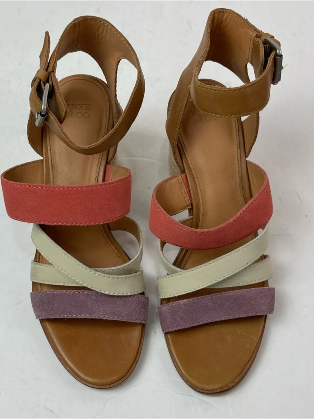 Frye & Co Heels Size 8.5M Suede Ankle Strap Espadrille Peach Multi‎